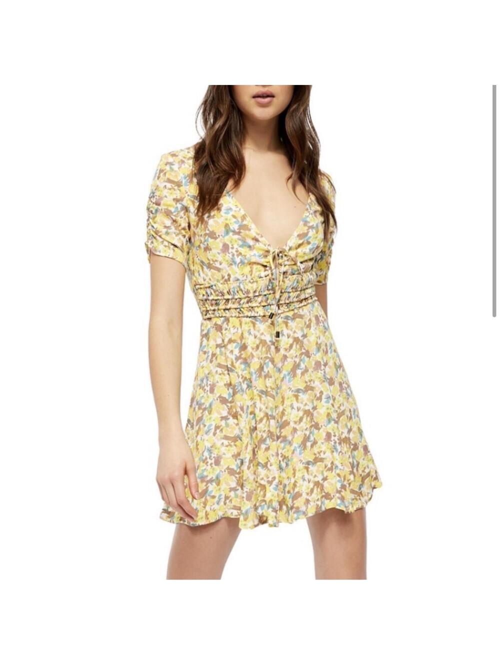 Free People Forget Me Not Yellow Ivory Mini Dress Sz 6 - Whimsical Fairycore